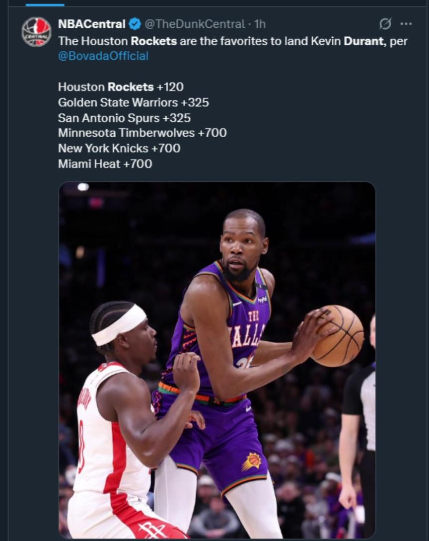 難道說？美媒曬杜蘭特下家賠率，火箭大幅度領(lǐng)跑！